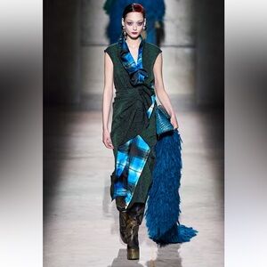 new with tags Dries Van Noten skirt in blue plaid pattern. medium or 40.